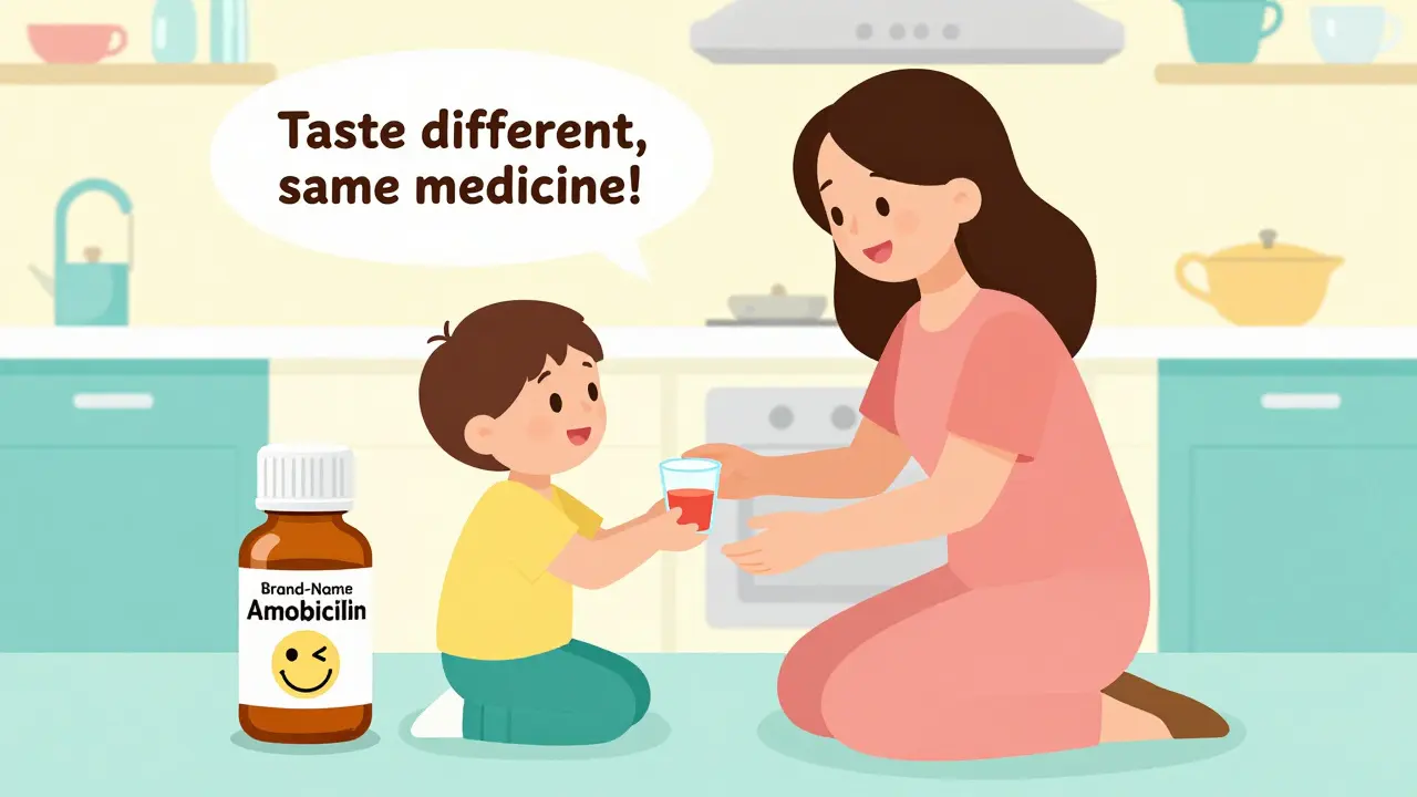 Mother gives liquid medicine to her child, comparing brand and generic versions with friendly facial expressions.