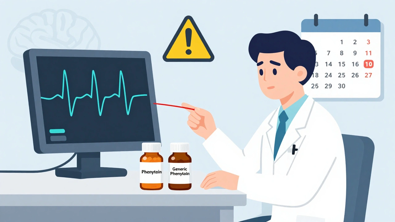 Neurologist examines EEG with two antiepileptic drug bottles separated by a warning line.