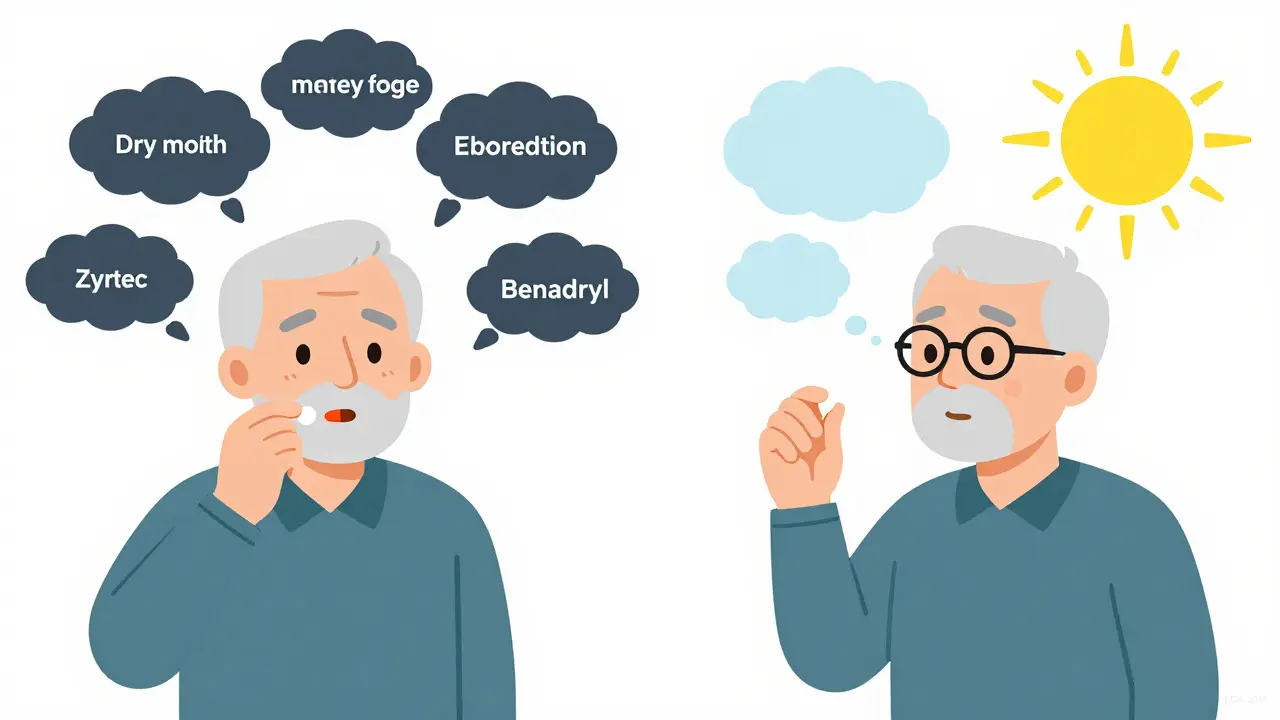 Older adult taking Benadryl with dark side effect clouds vs. same person taking Zyrtec with sunlight.