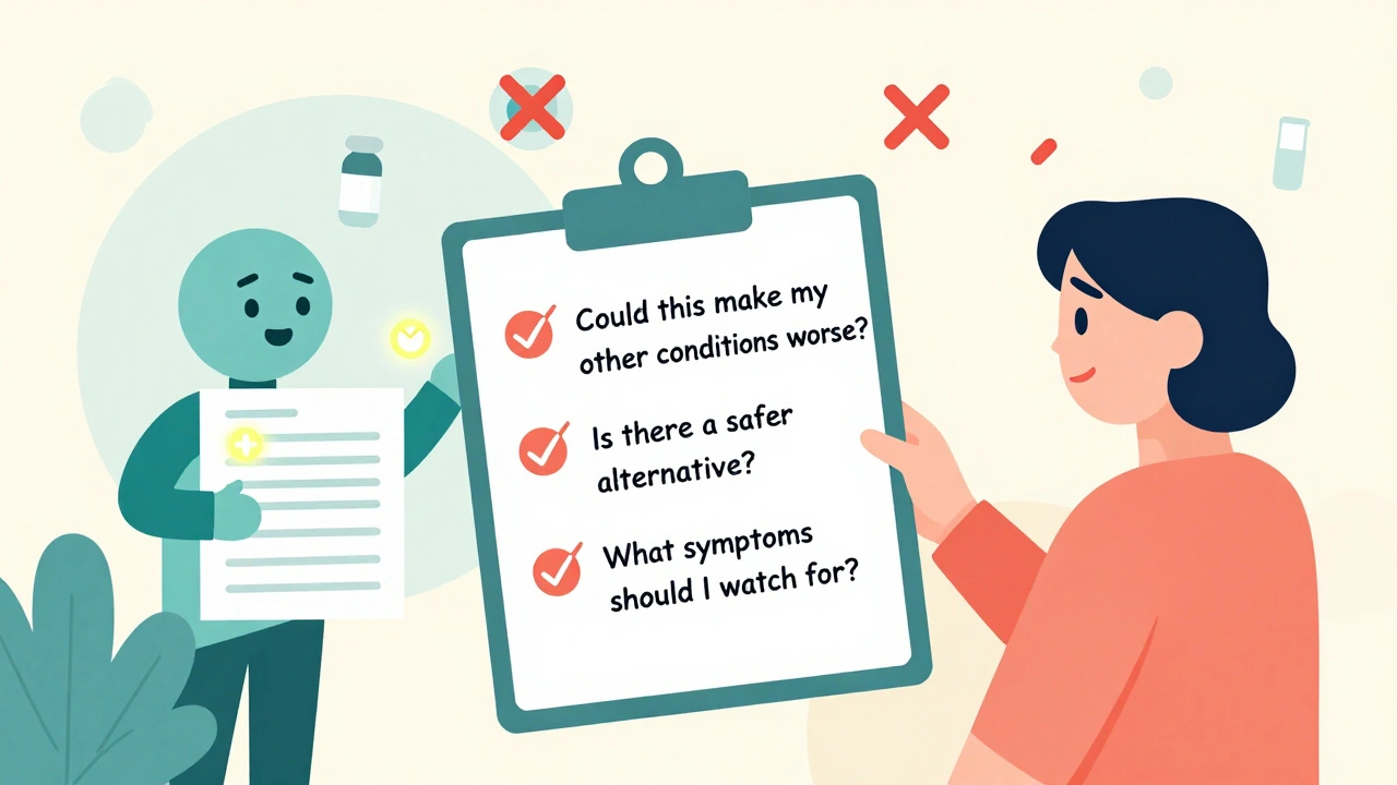 Patient holding checklist with questions about medications, aided by an AI icon analyzing health risks.