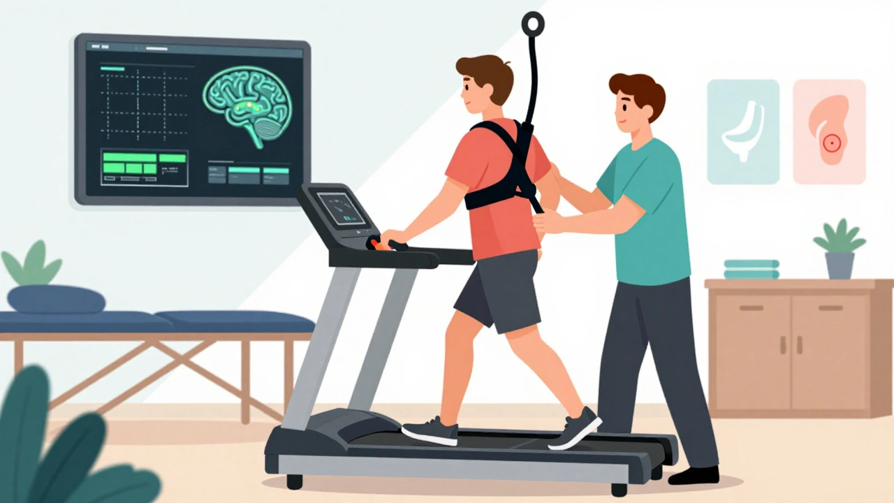 Patient on treadmill with harness during rehab, therapists assisting, brain activity icons lighting up as legs move.