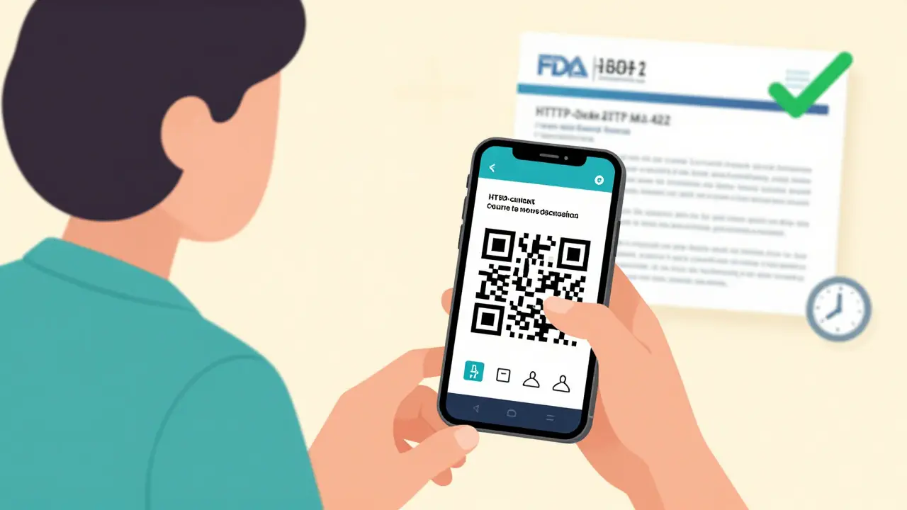 Patient scanning a QR code on a medication box to access the FDA-approved drug label online.