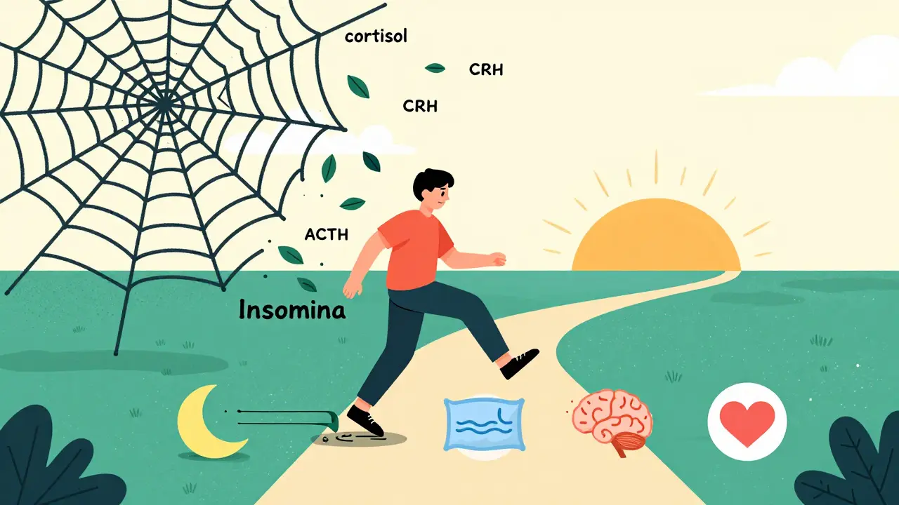 Person emerging from a dark insomnia web into a bright path with calming symbols and sunrise.