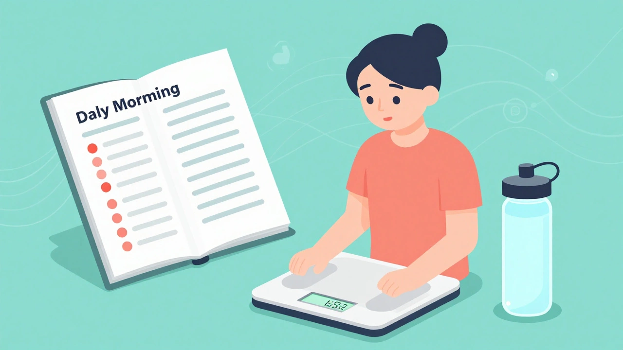 Person tracking weight and urine color with a smart bottle and hydration log, no text.