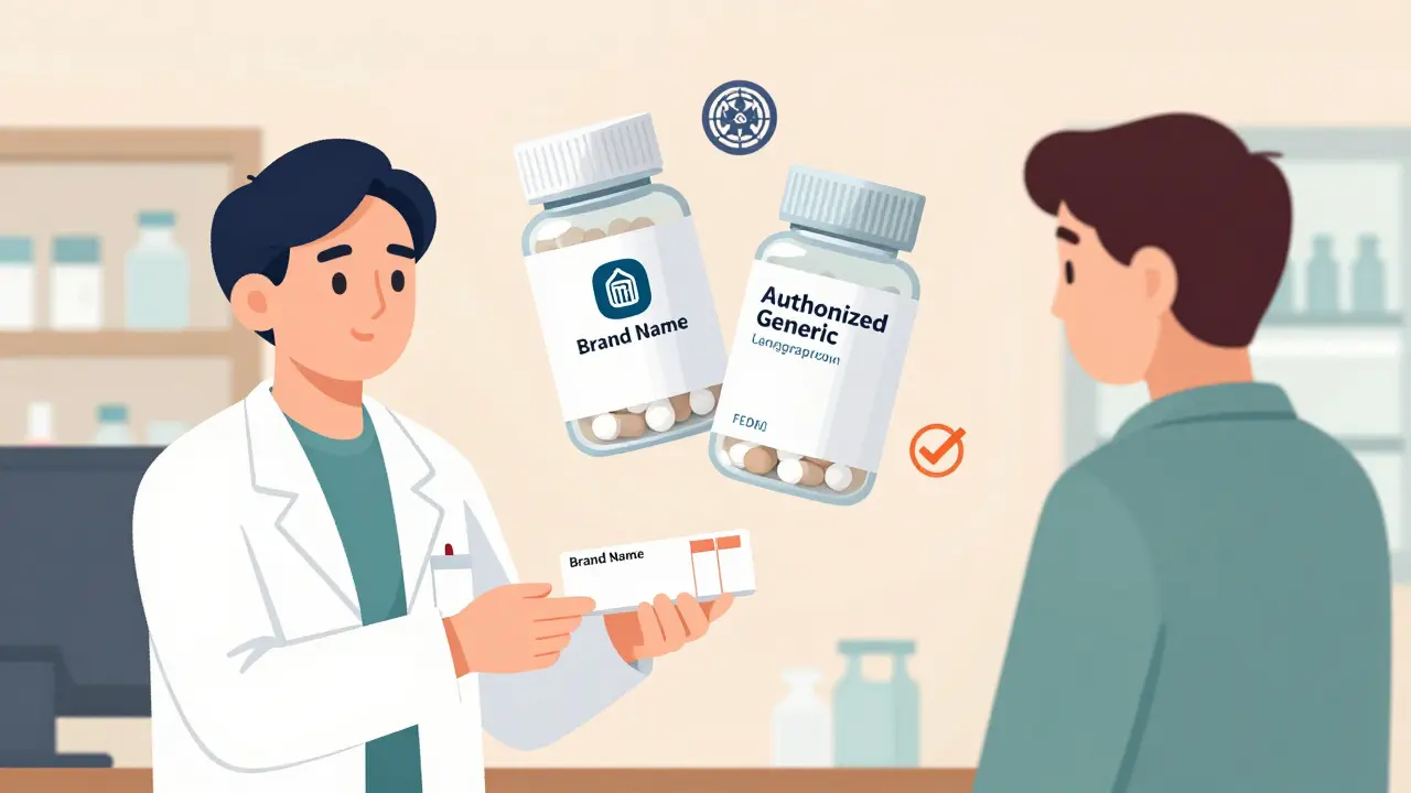 Pharmacist giving a prescription as two transparent pill bottles float above—one branded, one generic—with FDA seal and checkmark.