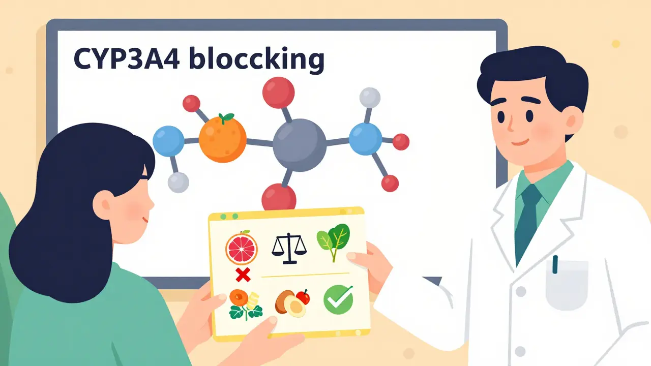 Pharmacist giving patient a food-medication interaction chart with icons for grapefruit, greens, and fats.