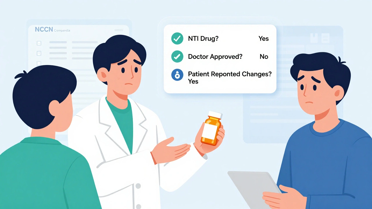 Pharmacist hands pill bottle to patient while floating checklist shows risks of generic switch.