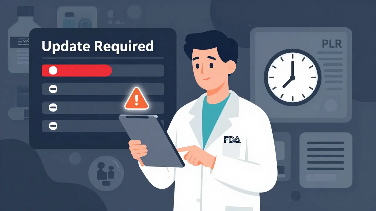 Pharmacist noticing a delayed safety update alert on a digital dashboard for generic drug labeling.