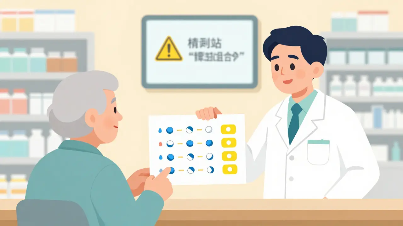 Pharmacist using a colorful visual chart to explain medication schedule to an elderly patient.