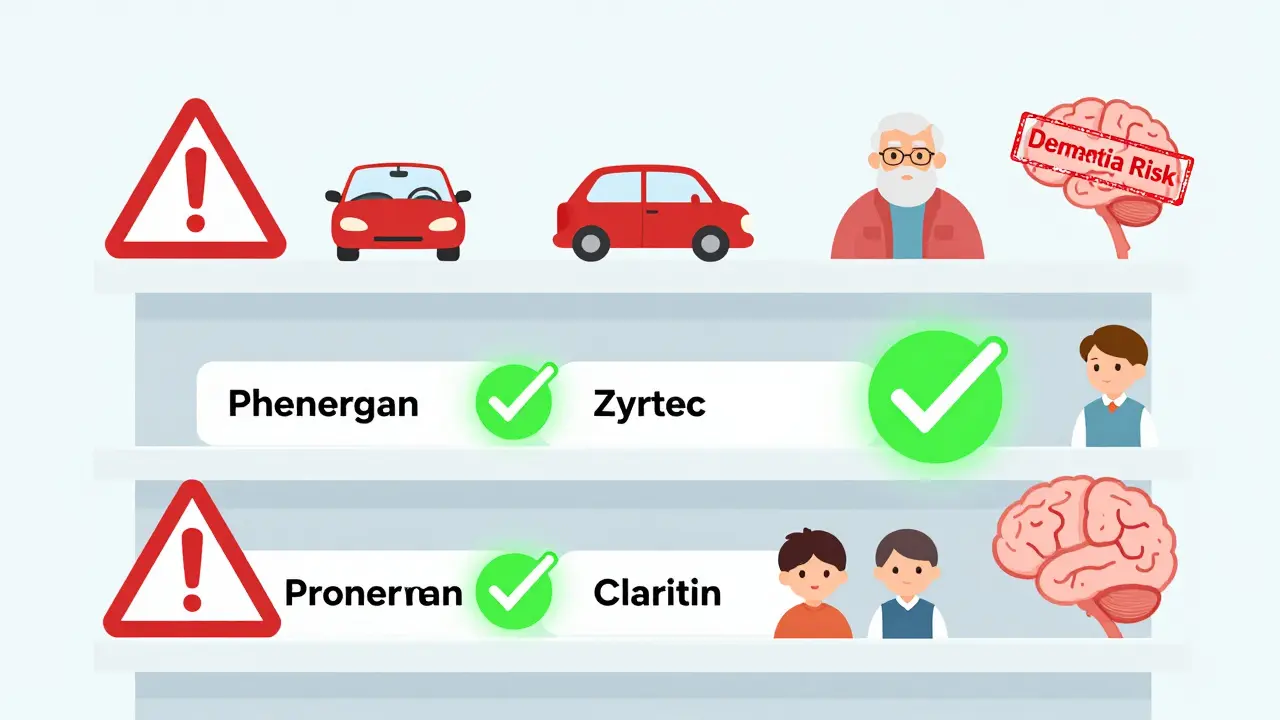 Pharmacy shelf showing risky first-gen antihistamines with red warnings vs. safer alternatives with green checkmarks.