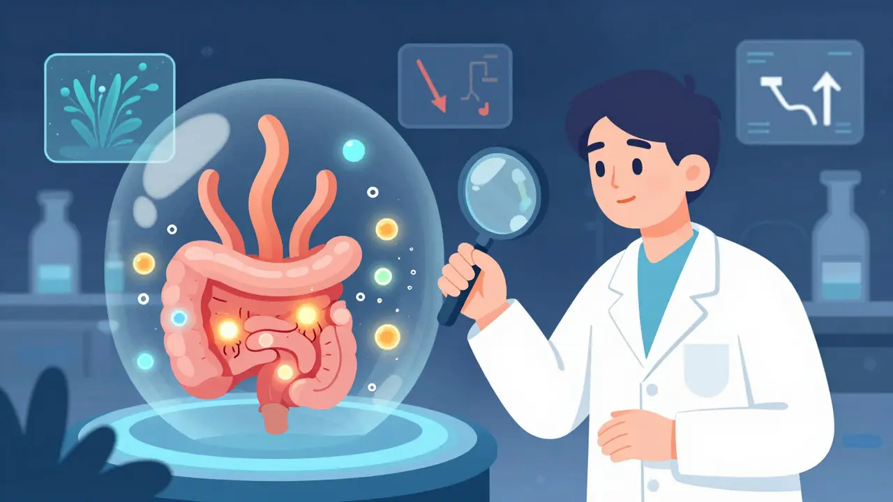 Scientist examining glowing fiber particles in a gut microbiome lab, with holographic plants and digital health icons in the background.