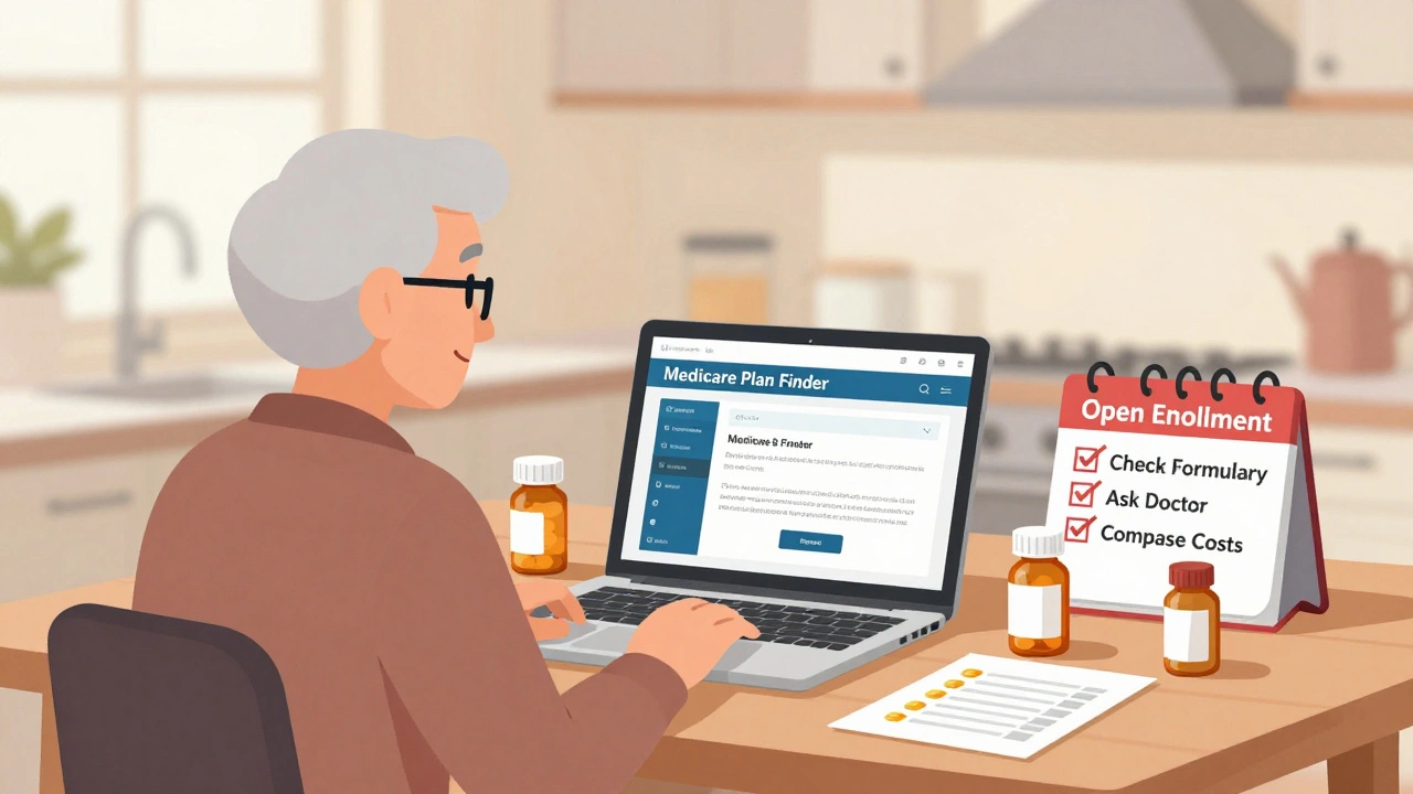 Senior reviewing Medicare drug options on laptop with pill bottles and enrollment checklist