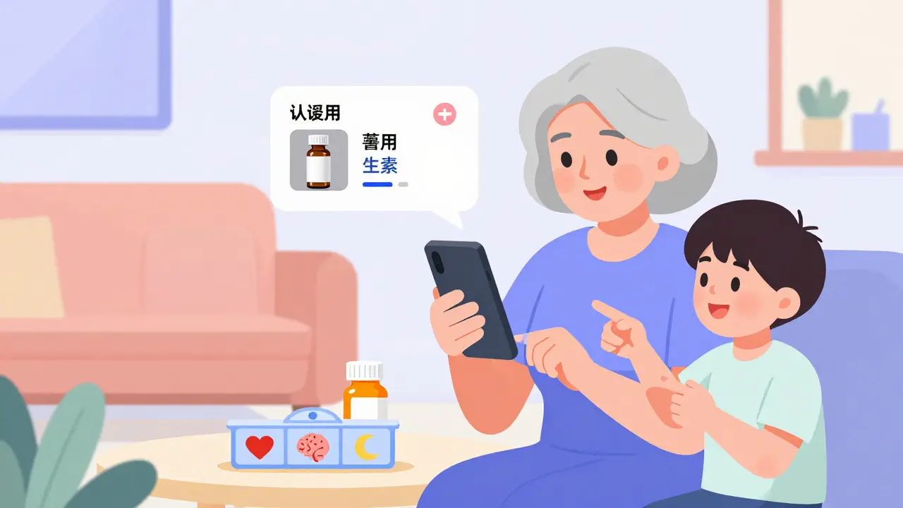 Senior woman scans a pill with her phone, seeing a visual guide while her grandson helps her understand.