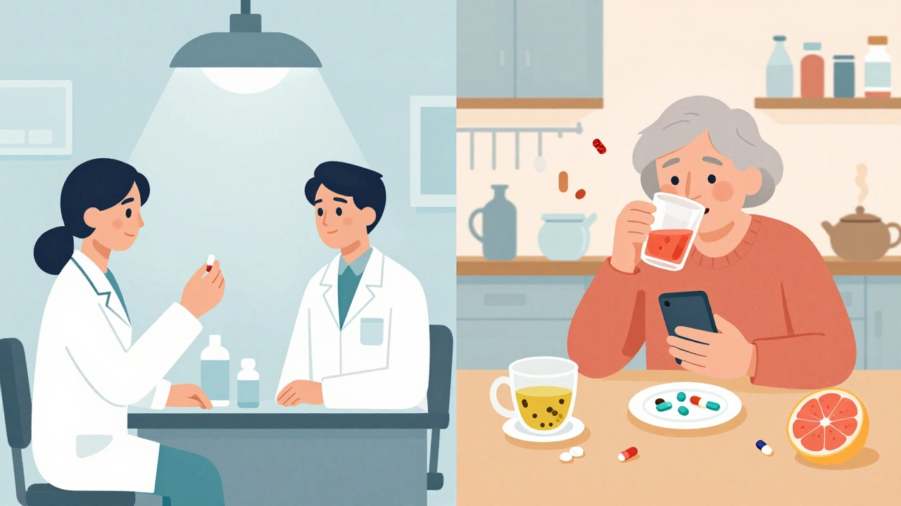 Side-by-side comparison: clean clinical trial vs chaotic real-life medication use with grapefruit and herbs.