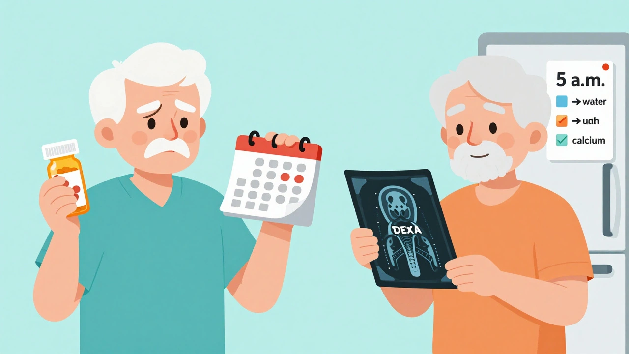Split image of missed doses vs. correct routine leading to improved bone health.