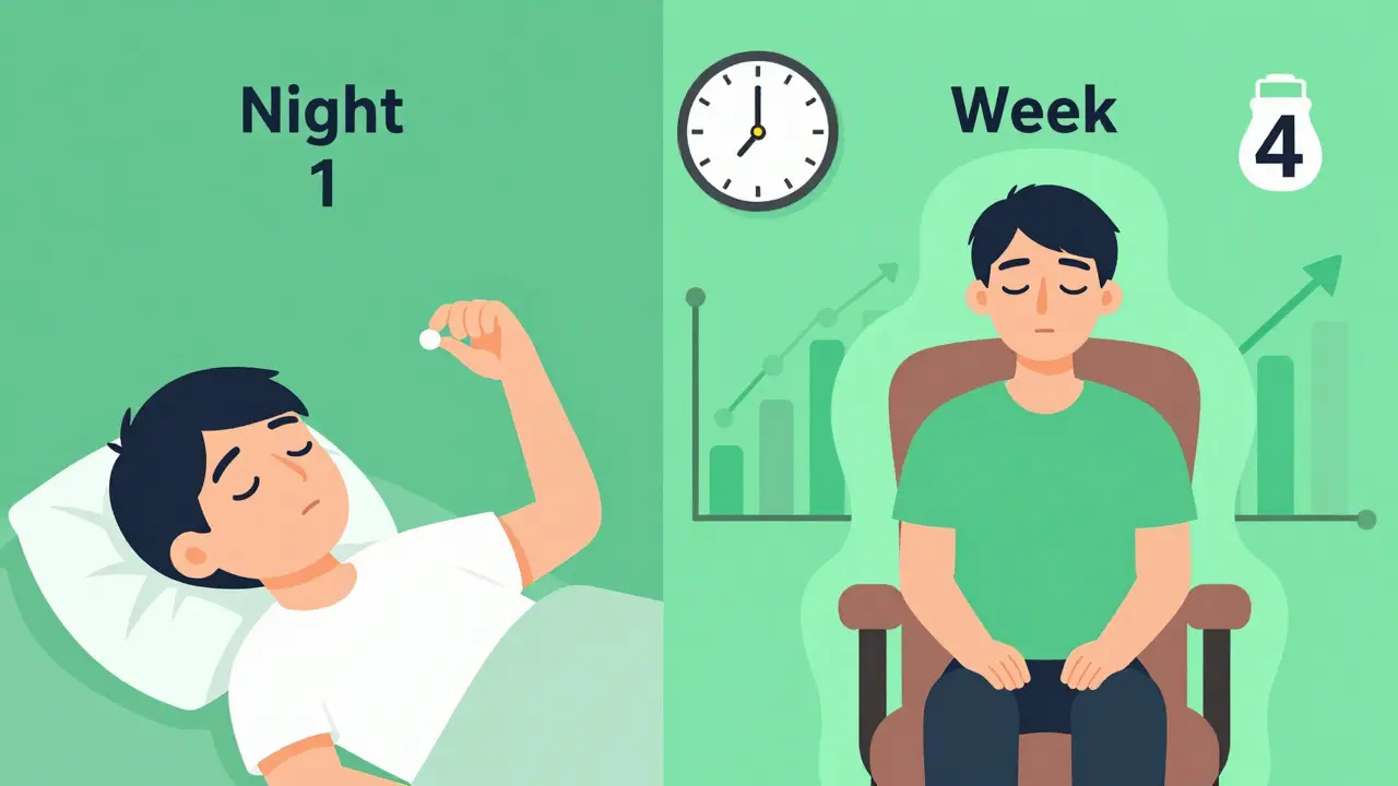 Split image: person taking pill vs. practicing breathing, with contrasting moods and a progress chart.