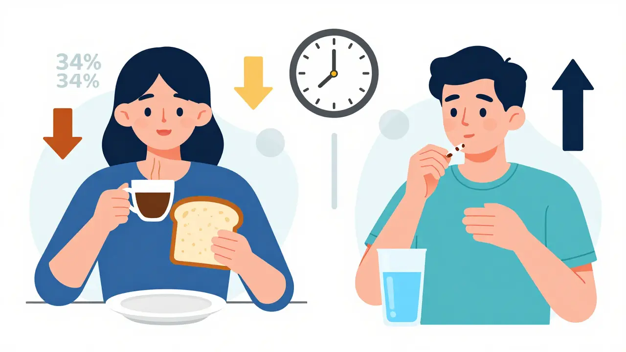 Split image showing correct and incorrect ways to take thyroid medication with timing and food effects.