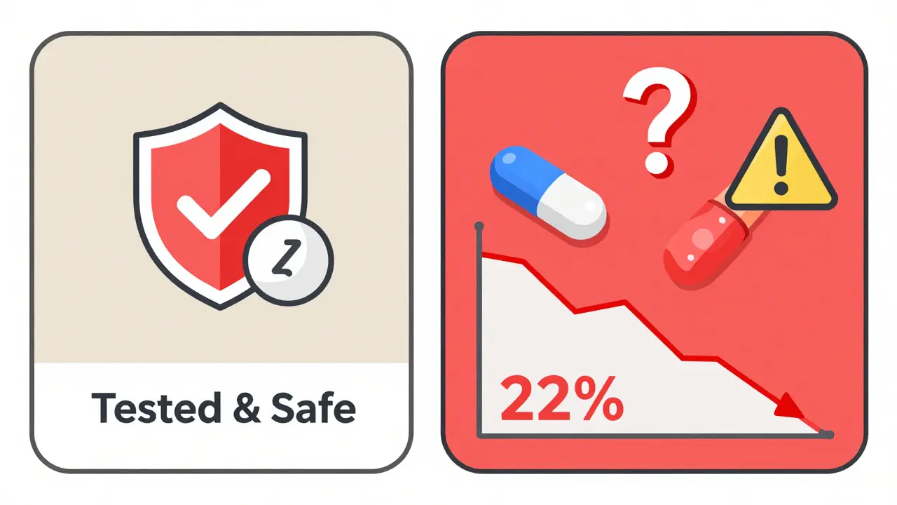 Split image: single tested pill vs. multiple untested generics with warning symbols and adherence graph.