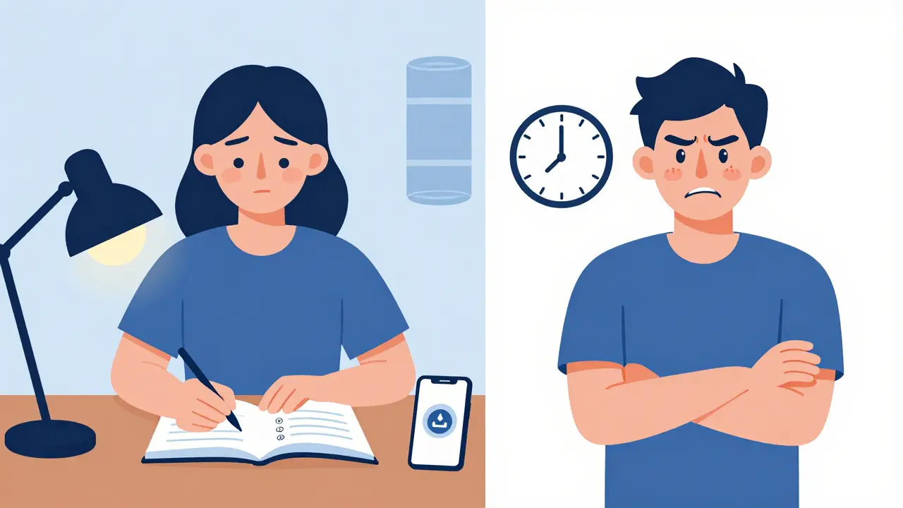 Split scene of someone journaling calmly versus feeling angry in the afternoon, showing prednisone's timing effects on mood.