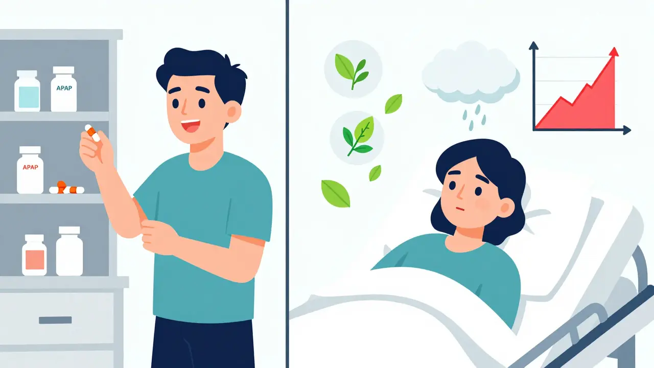 Split scene: person taking pills at home vs. hospitalized with rising liver enzymes and herbal supplements