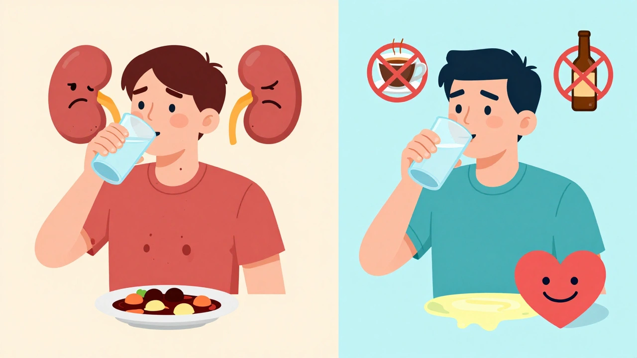 Split scene showing risky vs. smart hydration habits with crossed-out caffeine and alcohol.