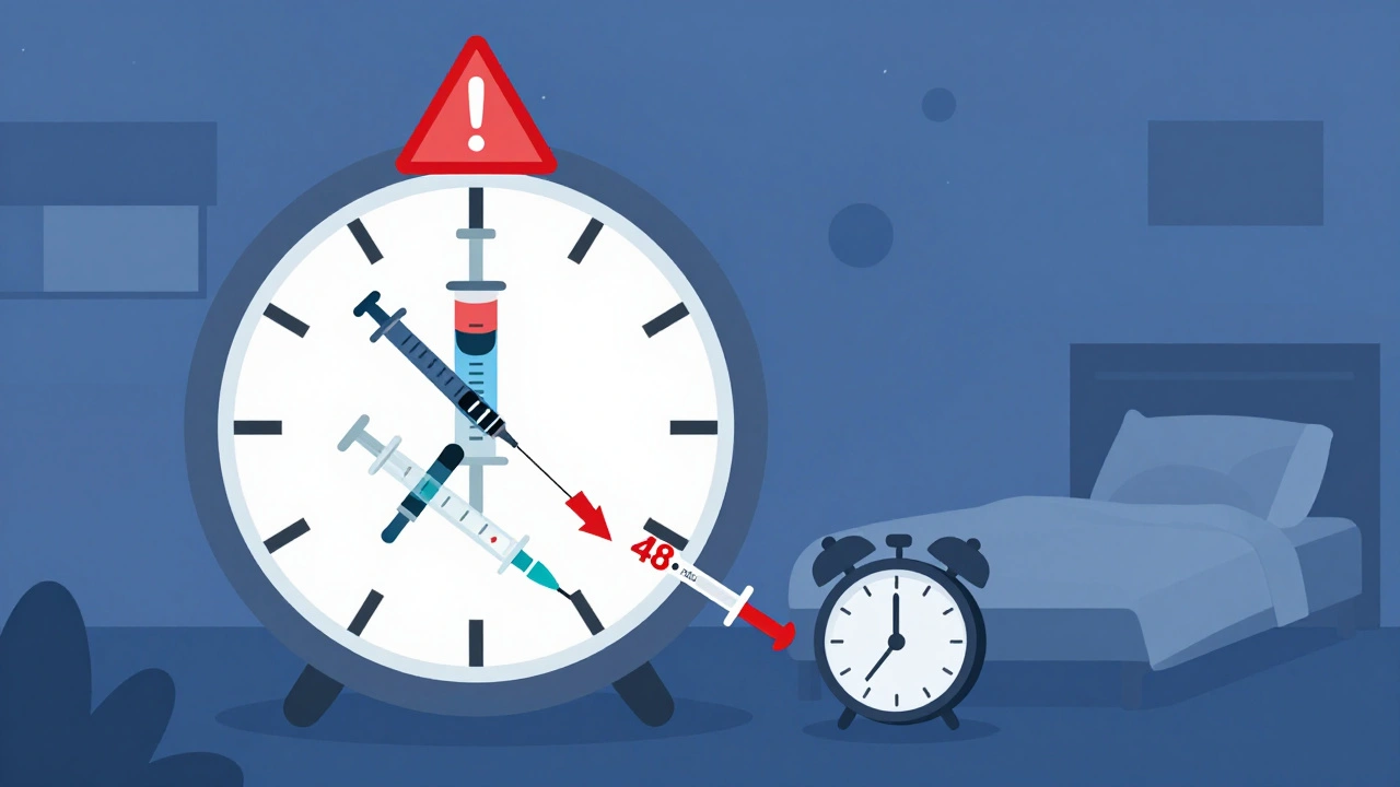 Three insulin doses stacked over time causing blood sugar to crash dangerously low