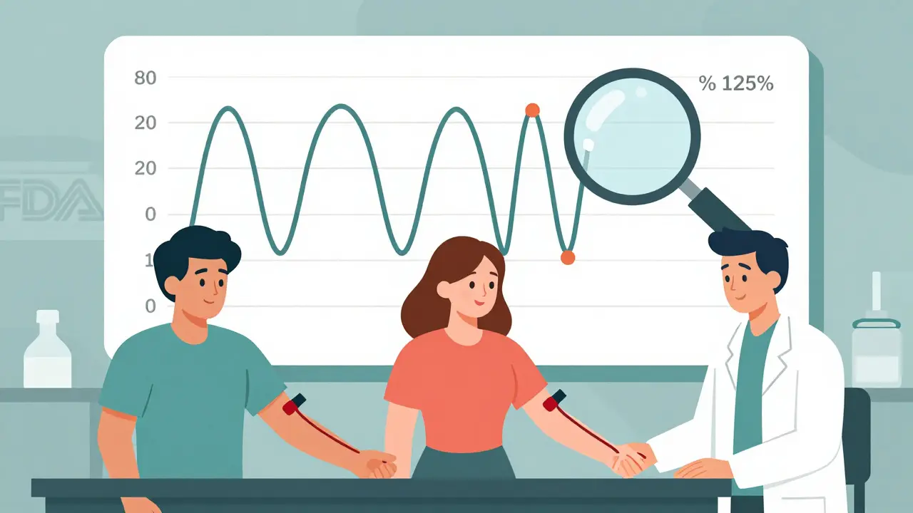 Three volunteers in a lab having blood drawn while pharmacokinetic curves are displayed on a chart.