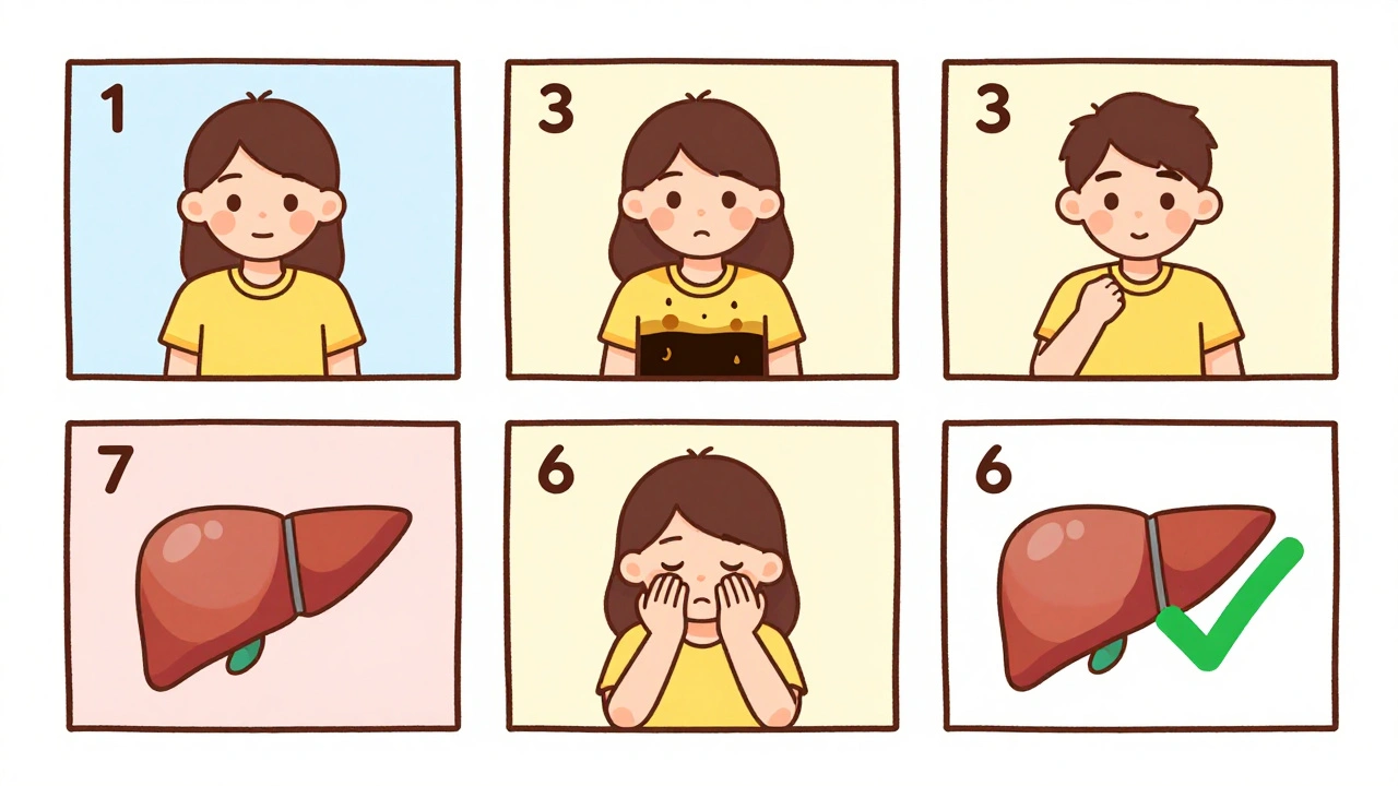 Timeline of hepatitis A recovery stages with visual symbols for symptoms and healing.
