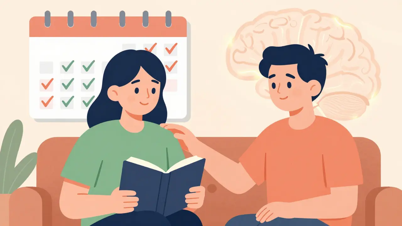 Two people in a supportive conversation, with a subtle brain overlay symbolizing how prednisone affects emotions.