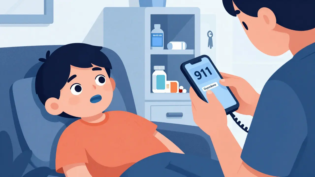 A child shows signs of opioid overdose while a parent calls 911, with a locked cabinet and poison control number visible.