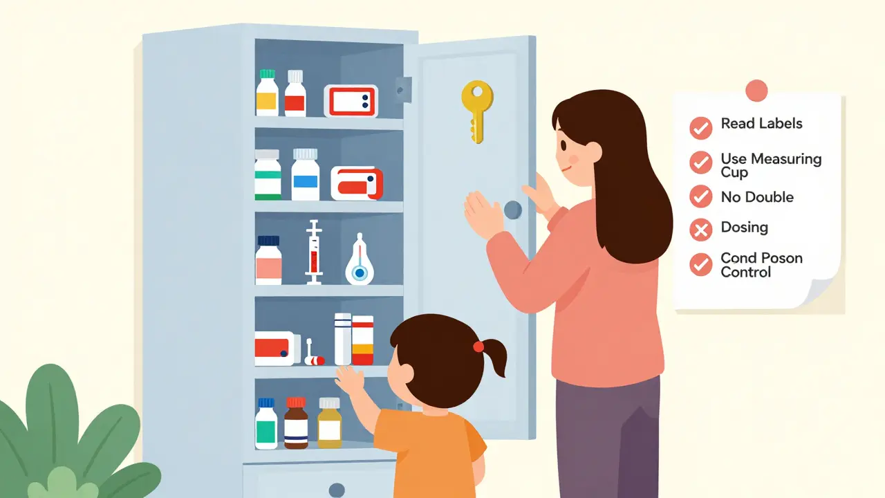 A parent securely stores medications in a locked cabinet while a child plays safely nearby.