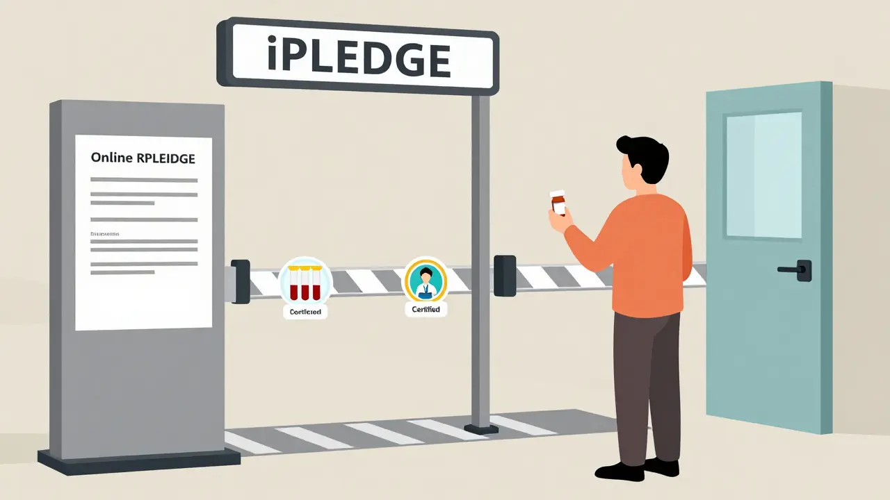 A patient at a multi-step checkpoint for a REMS-controlled medication with forms and locked pharmacy.