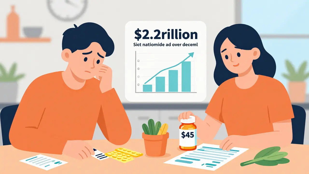 A person choosing between rent and medicine on one side, and smiling with affordable generics and groceries on the other, with a savings graph overlay.