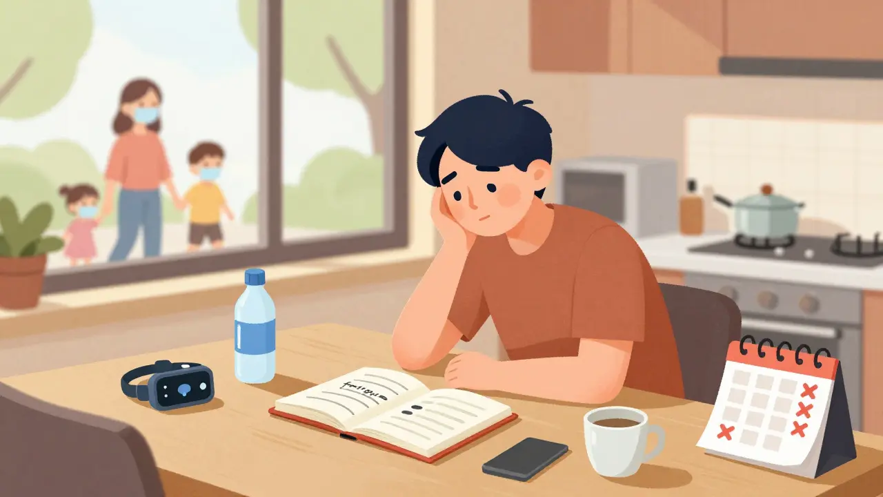 A person experiencing long COVID symptoms at home, surrounded by fatigue and sleep trackers, with a cautious family outside.