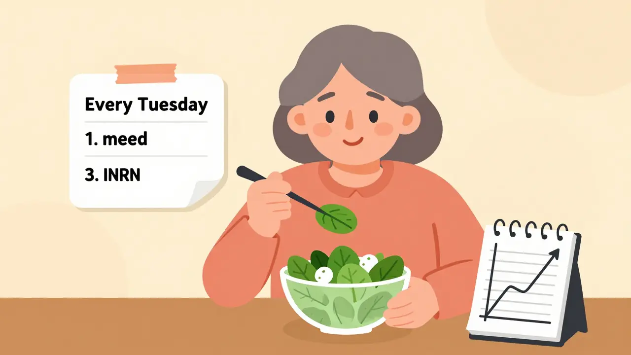 A woman enjoying a spinach salad on a regular schedule, with a notebook showing stable meal logs.