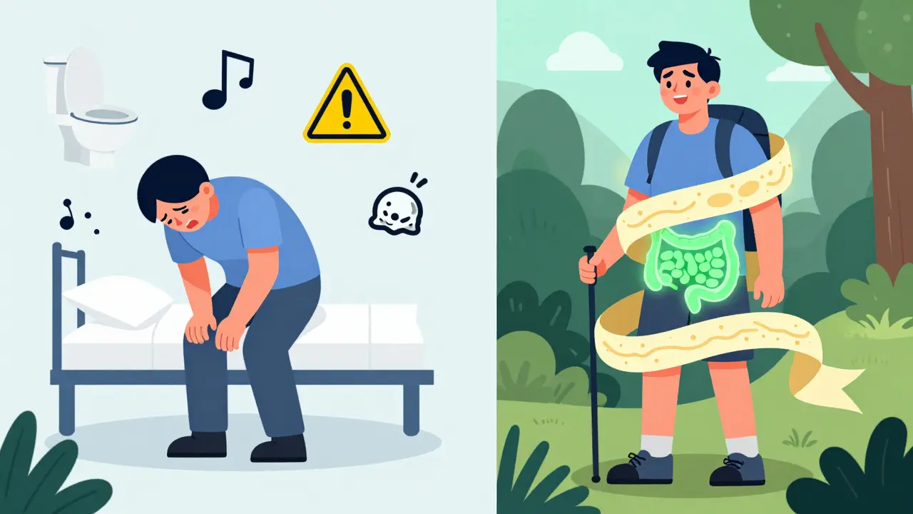 Before-and-after scene: person in pain vs. person hiking with healed gut lining and glowing wellness ribbon.