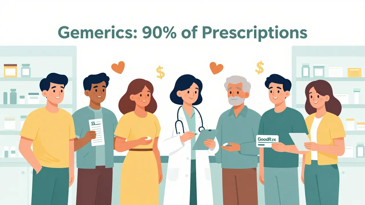 Diverse patients receiving generic pills from a pharmacist, with dollar signs turning into hearts, in a bright, clean pharmacy setting.