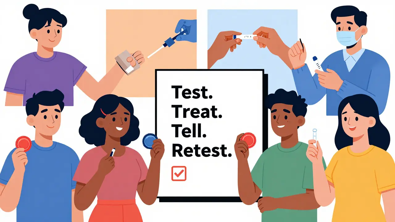 Diverse people engaging in STI testing and prevention with clear health actions.
