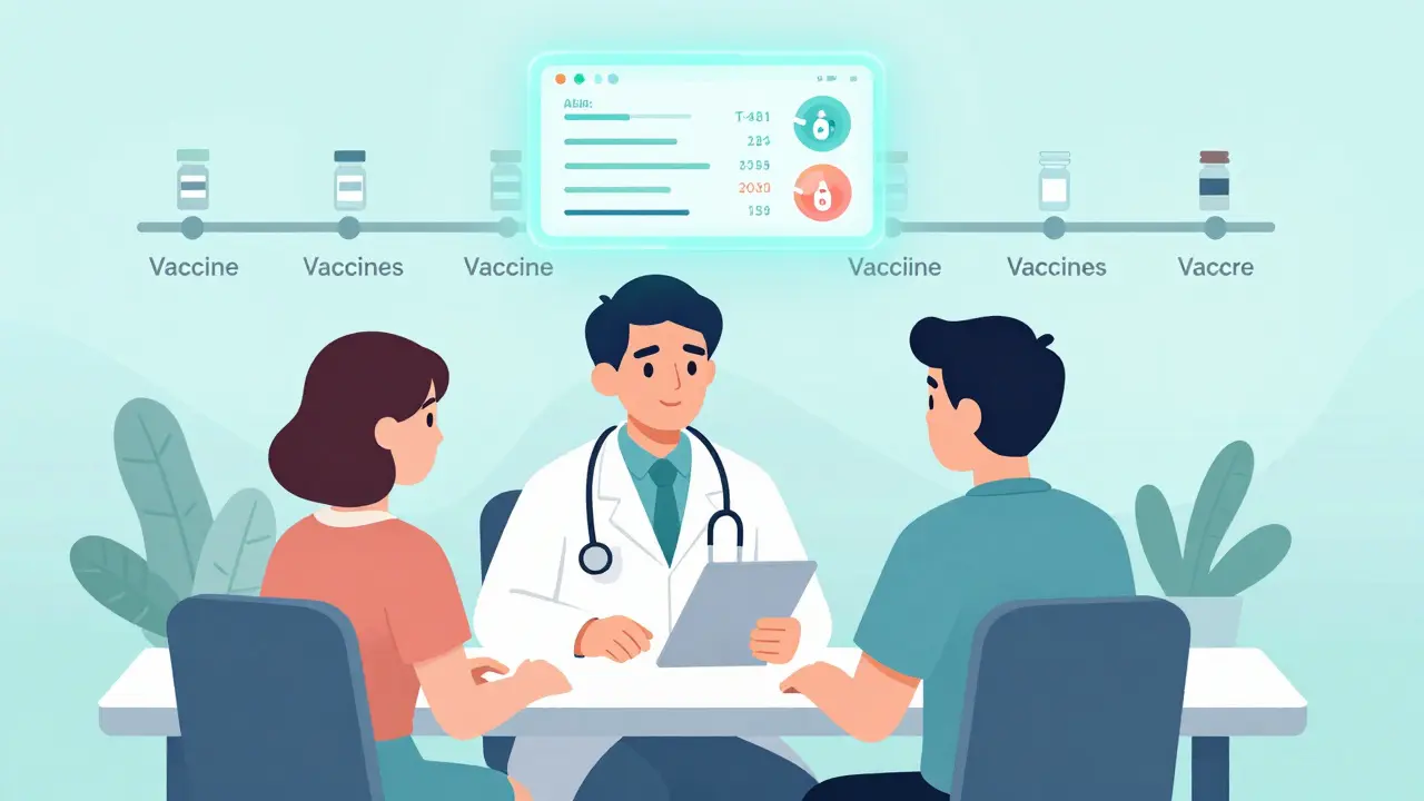 Doctor and patient viewing an AI dashboard tracking immune system health with vaccine timeline in background.