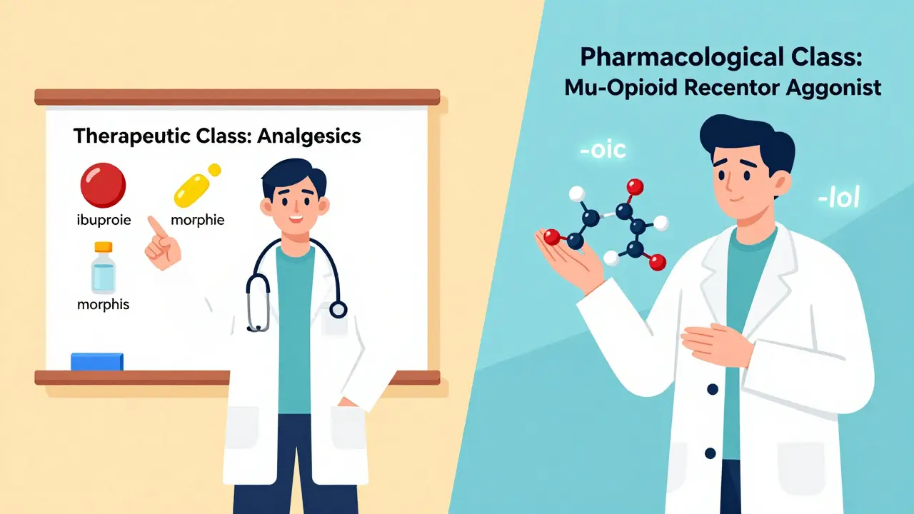 Doctor and scientist comparing therapeutic and pharmacological drug classifications on a split screen