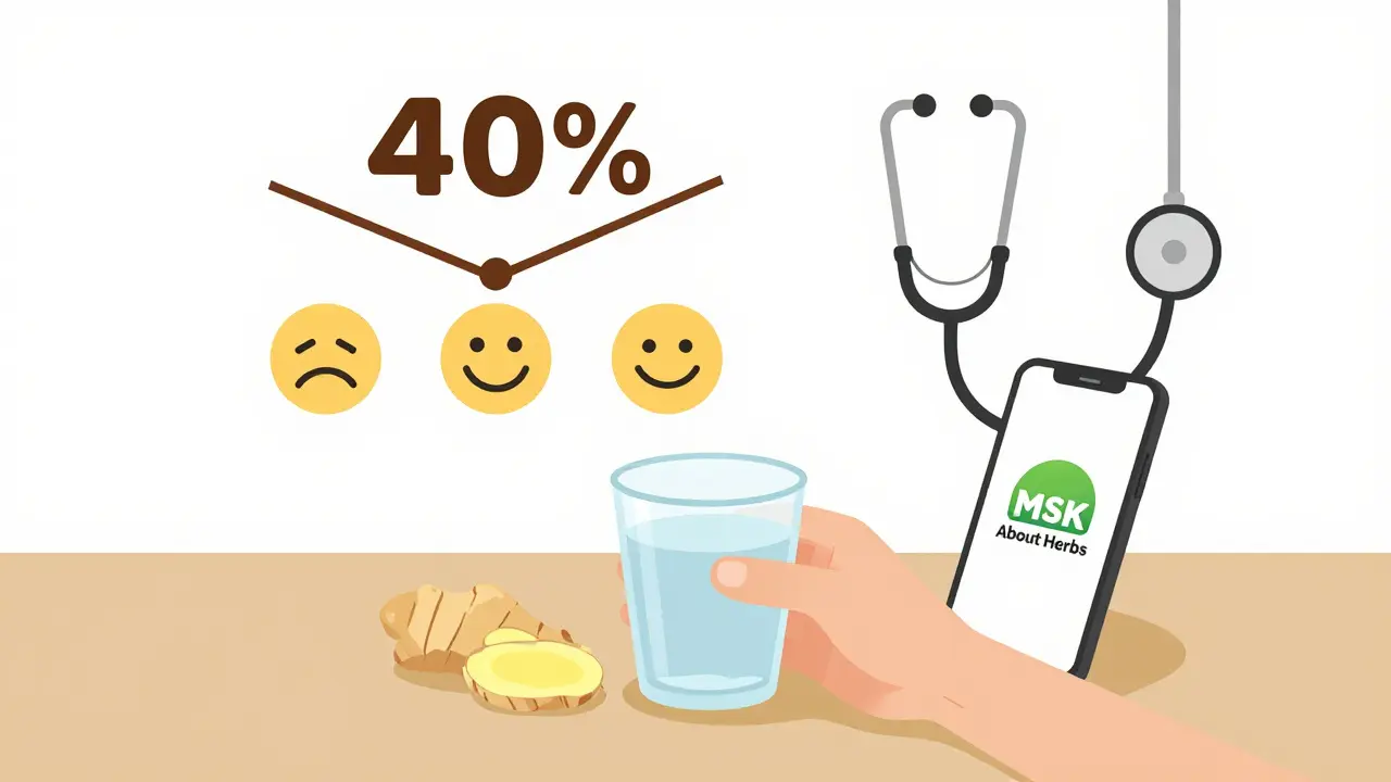 Fresh ginger slice next to water with a chart showing reduced nausea, doctor’s stethoscope and app visible.