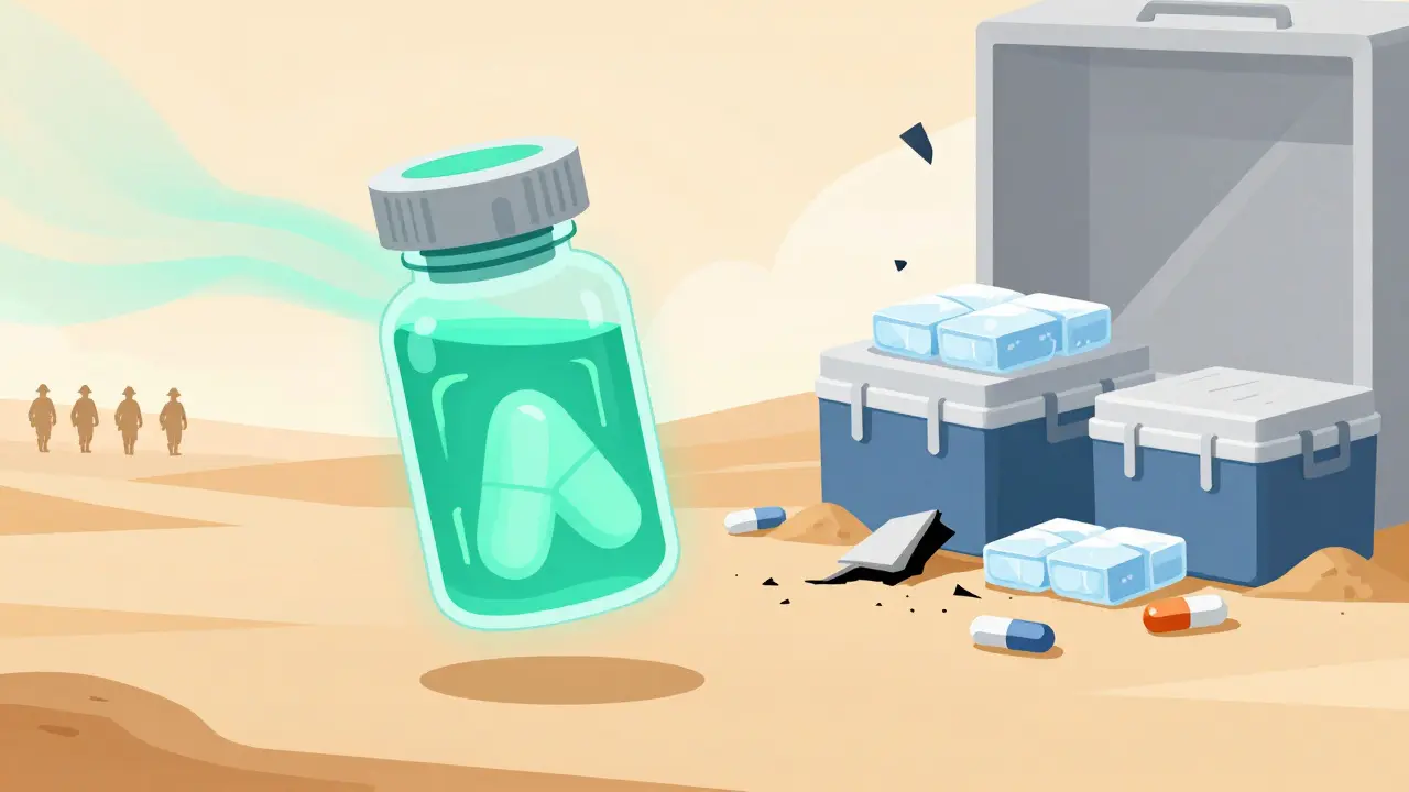 Futuristic heat-stable pill bottle glowing beside crumbling cold chain gear in desert environment.