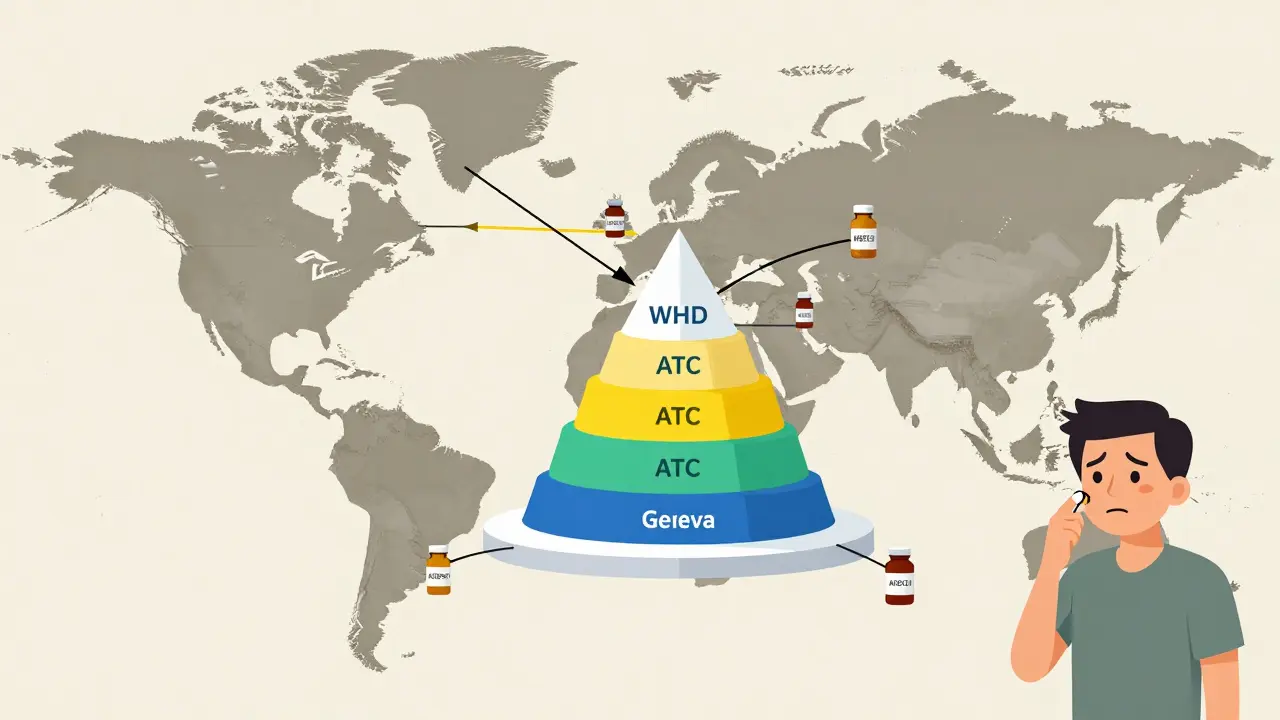 Global map showing U.S. drug systems disconnected from the unified WHO ATC classification hub