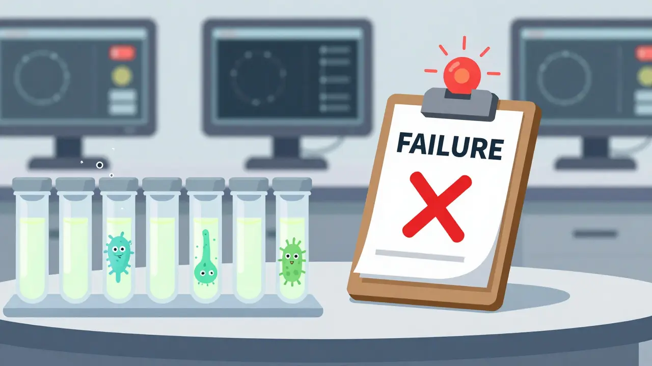 Media fill vials incubating, one growing bacteria with alert sign