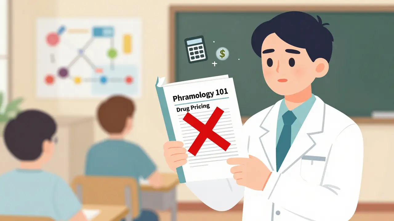 Medical student ignoring drug pricing section in textbook while focusing on drug mechanisms, calculator icon floating nearby.