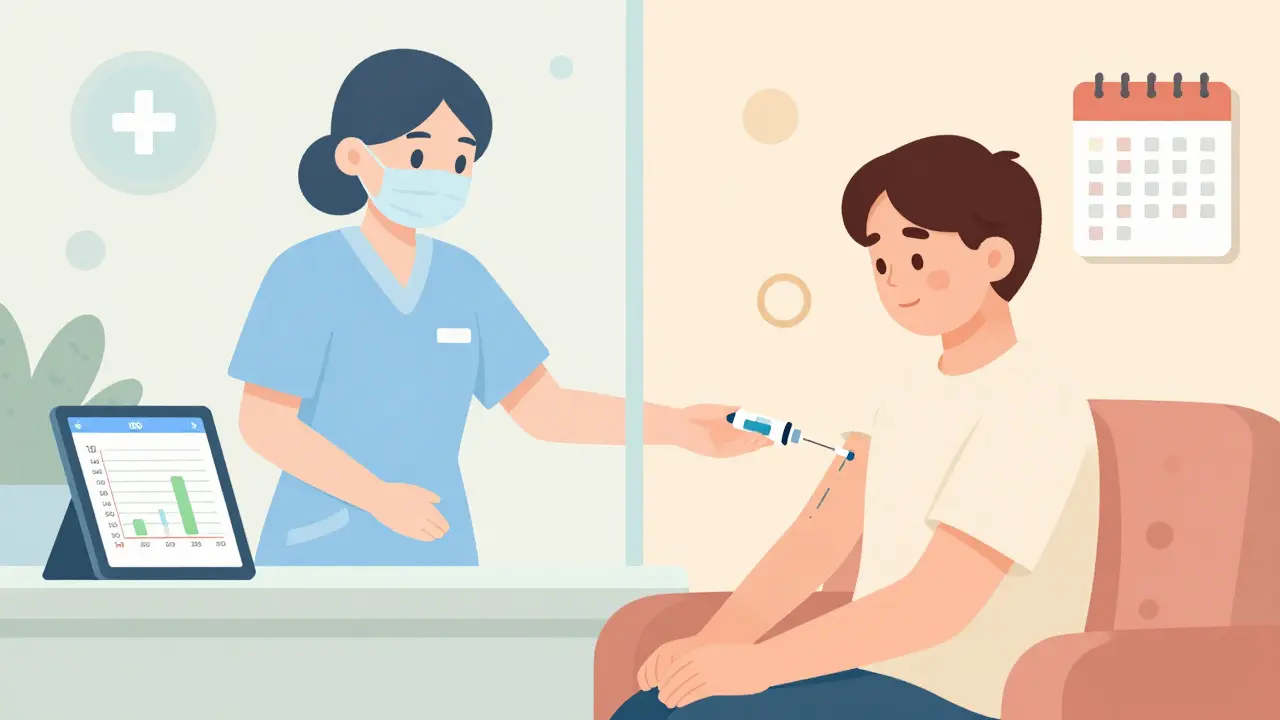 Patient giving themselves a biologic injection at home with nurse guidance and symptom-tracking app visible.