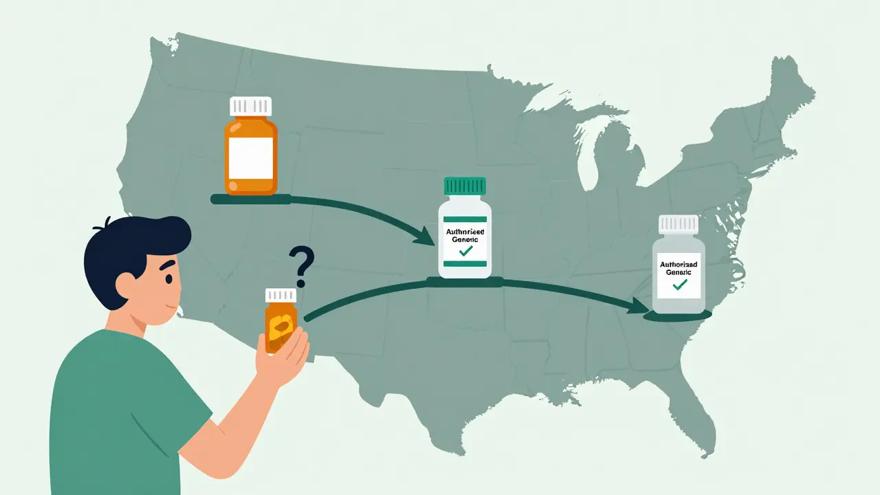 Patient holding a pill bottle with three pricing paths: brand, generic, and authorized generic with a checkmark.