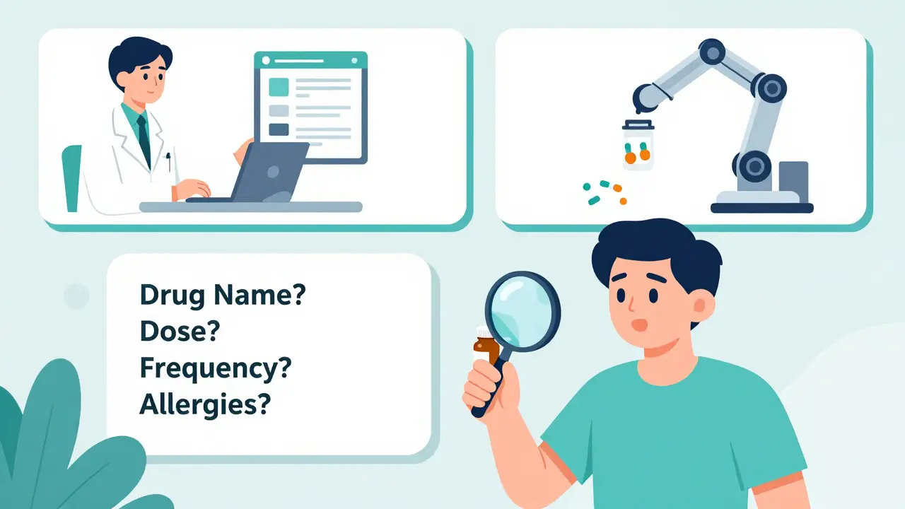 Patient inspecting a pill bottle with a checklist and digital prescribing icons nearby