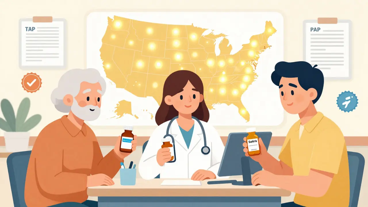 Patient navigator assisting three individuals with expensive medications at a hospital, surrounded by PAP program icons.