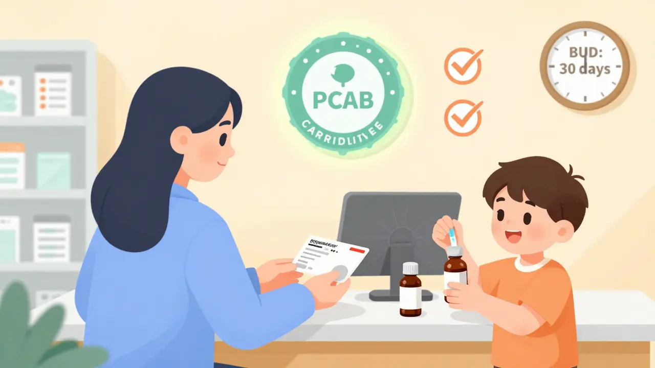 Patient receiving a clearly labeled compounded liquid medication with PCAB accreditation visible.